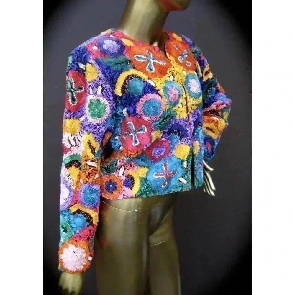 Vintage Cache Silk Ribbon Boxy Bolero Jacket 90s Bead Embellished Flower Rainbow - Picture 6 of 14